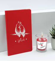 BK Gift Sevgililere Özel İsimli Kırmızı Defter ve Cam Bardakta Kalp Figürlü Kokulu Mum Hediye Seti-1, Sevgiliye Hediye, Sevgililer Günü