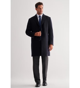 Koyu Lacivert Mono Yaka Palto Tam Astar Classic Comfort Fit Yünlü Kaşe Palto 1005255151