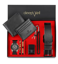 DEEPWELL Siyah Renk Erkek Kol Saati Kemer Cüzdan Kartlık Çakmak Tesbih Bileklik Seti deepwell-xz65