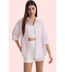 Kadın Oversize Çizgili Dokuma Gömlek Pamuklu Günlük Kombinler İçin Yaz Aylarının Vazgeçilmezi (Açık Pembe)