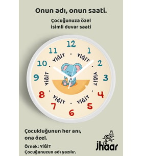 İsme Özel Sevimli Fil Desenli Çocuk Odası Duvar Saati Orta Boy 30 cm Beyaz Camlı Sessiz