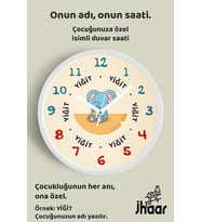 İsme Özel Sevimli Fil Desenli Çocuk Odası Duvar Saati Orta Boy 30 cm Beyaz Camlı Sessiz