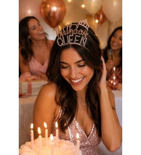 Birthday Queen Metal Taşlı Saç Tacı Rose Gold Doğum Günü Parti Kostüm ve Fotoğraf Aksesuarı