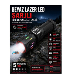 5000 Lümen Zoomlu Şarjlı El Feneri Beyaz Lazer LED Güçlü Işık Profesyonel Kamp Lambası Powerbank Özellikli