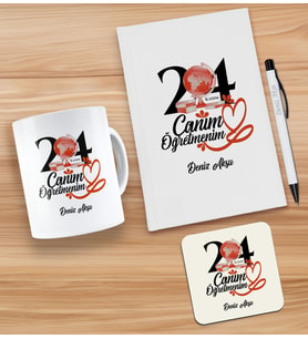 BK Gift Kişiye Özel İsimli Öğretmenler Günü Tasarımlı Beyaz Defter, Tükenmez Kalem, Kupa ve Bardak Altlığı Hediye Seti- 15, Öğretmene Hediye, Öğretmenler Günü