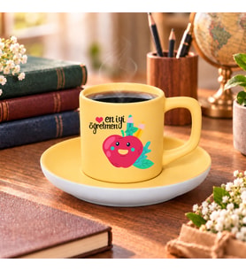 BK Gift En İyi Öğretmen Tasarımlı Mat Sarı Türk Kahvesi Fincanı ve Tabağı-2