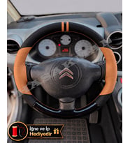 Citroen C3 A51 Dikme Direksiyon Kılıfı Delikli Deri Parlak Siyah Taba Detay Çift Yüzük ve Dikiş 2009-2016