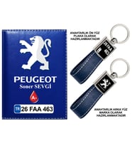 Plakanıza Özel Peugeot Logolu Lacivert Ruhsat Kabı ve Anahtarlık