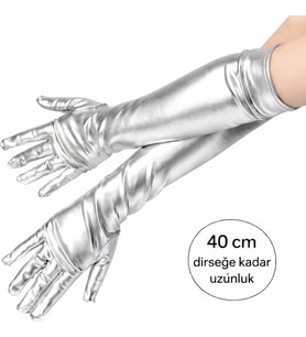 Gümüş Renk Dirsek Altı Lüks Saten Eldiven 40 cm (5365)