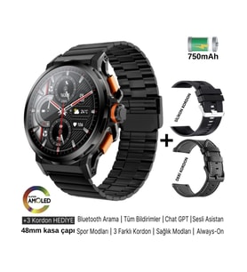 Kalobee SK43 Akıllı Saat Ultra Kaliteli 3 Kordonlu Amoled Ekran/sesli GÖRÜŞME/48MM KASA/750MAH Pil