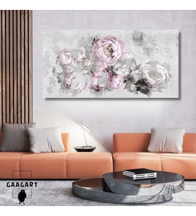 Panoramik Kanvas Duvar Tablosu Pembe Gri Çiçekler Dizaynı