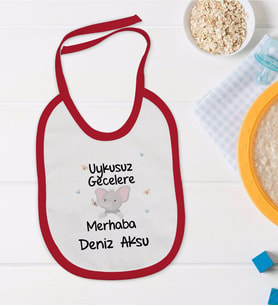 BK Kids Kişiye Özel Uykusuz Gecelere Merhaba Tasarımlı Kırmızı Bebek Mama Önlüğü-1