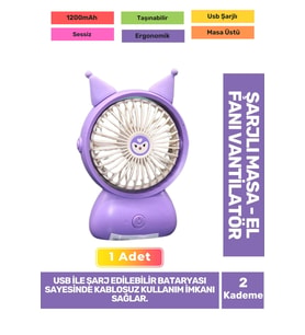 Sessiz 2 Kademeli Hafif Kablosuz 1200mAh Pervaneli Taşınabilir Usb Şarjlı Masa El Fanı Vantilatör
