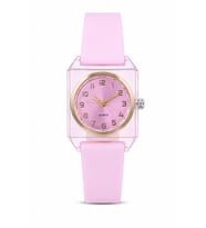 Kadın Kol Saati Pembe Silikon Kordon Şeffaf Kare Kasa Analog Kadran ST-304452