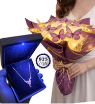Led Işıklı Kelebek Buketi ve Işıklı Kutusunda 925 Ayar Gümüş Kolye (Model 3)