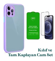 Apple iPhone 12 Pro Max Uyumlu Montreal Kılıf Ve Tam Kaplayan Cam Set (Lila)