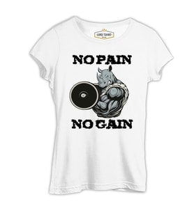 No Pain No Gain Hippo - Body Building Beyaz Kadın Tshirt