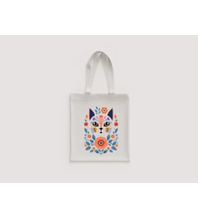 Kedi Yüzü Folk Çiçekli Mandala Desenli Kadın Omuz Çantası Hediyelik Ham Bez Çanta