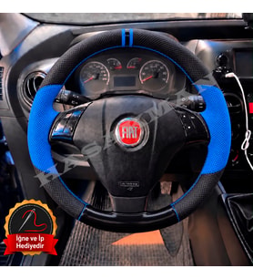 Fiat Punto Dikme Direksiyon Kılıfı Delikli Deri Parlak Siyah Mavi Detay Çift Yüzük ve Dikiş 2012-2018