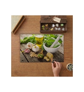 Taze Fesleğen - Havan - Zeytinyağı Tasarımı 240 parça Ahşap Puzzle Ahşap Kutuda MP01902