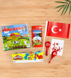 Neşeli Çiftli Oyunu & Kuru Boya & Oyun Hamuru & Türk Bayrağı & Balon Okula Merhaba Hediye Seti