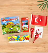 Neşeli Çiftli Oyunu & Kuru Boya & Oyun Hamuru & Türk Bayrağı & Balon Okula Merhaba Hediye Seti