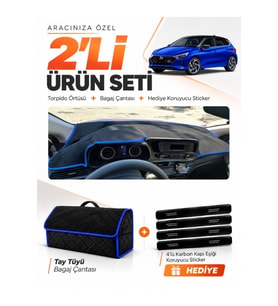 e-biz HYUNDAİ İ20 (2020-2024) Uyumlu Torpido Örtüsü + Tay Tüyü Bagaj Çantası - Siyah-Mavi - HU003
