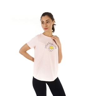 Kadın Baskılı Kısa Kollu Bisiklet Yaka Tişört Pembe Mel (Pembe Melanj)