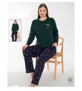 Senfoni Kadın Büyük Beden Düğmeli Yaka Uzun Kol Pamuk Likralı Pijama Takımı 6096 -1 Adet (Haki)