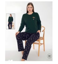 Senfoni Kadın Büyük Beden Düğmeli Yaka Uzun Kol Pamuk Likralı Pijama Takımı 6096 -1 Adet (Haki)