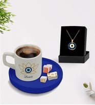 BK Gift Kişiye Özel İsimli Mavi Sunum Tabaklı Türk Kahvesi Fincanı ve Açılan Nazar Kolye Hediye Seti -13