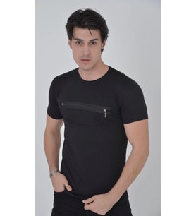 Erkek Gögüs Fermuarlı T-Shirt Kısa Kol Bisiklet Yaka Slimfit Tişört - Siyah