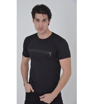 Erkek Gögüs Fermuarlı T-Shirt Kısa Kol Bisiklet Yaka Slimfit Tişört - Siyah
