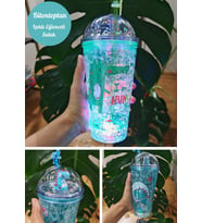 Dino Suluk Pipetli Buzlu Cam Görünümlü Led Işıklı 450 ML Çift Katman 2097 Mavi