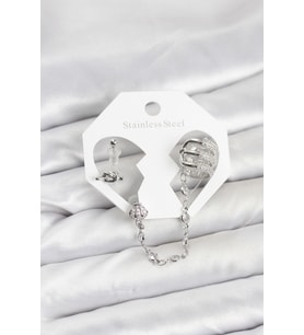 Pirinç Gümüş Renk Sarmal Model Zincir Bağlantılı Ear Cuff Küpe Seti 5886 - GLST2456-7111