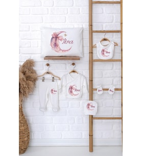 Pia Baby Premium %100 Pamuk İsme Özel Kız Bebek Hediye Seti Zıbın Yastık Kılıfı 5065-06 (Ekru)