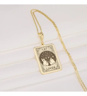 Kişiye Özel 925 Ayar Gümüş Cat Lover Tarot Kart Kolye (Gold)
