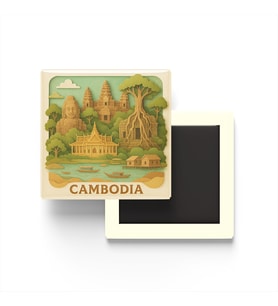 Kamboçya - Cambodia - Paper Cut Art - Baskılı Buzdolap Magneti Kare - 9x9 cm