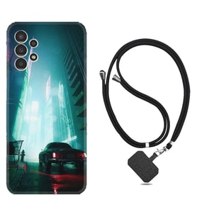 Samsung Galaxy M14 Kılıf Silikon Boyun Askılı İpli Desenli Silikon Night Cars 1619