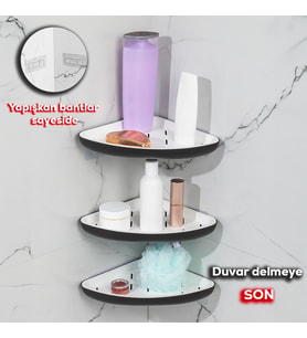 Porsima 0447 3'lü İstiridye Banyo Köşe Rafı - Yapışkanlı Duş Rafı Banyo Düzenleyici Organizer - Siyah