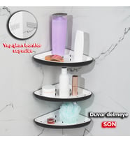 Porsima 0447 3'lü İstiridye Banyo Köşe Rafı - Yapışkanlı Duş Rafı Banyo Düzenleyici Organizer - Siyah