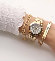 Gold Metal Analog Kadın Kol Saati, İsimli Bileklik ve Halka Bileklik
