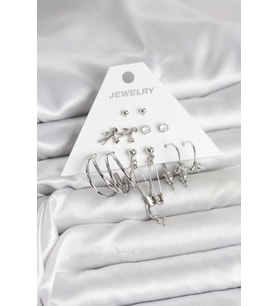 Pirinç Gümüş Renk 6'lı Kadın Küpe Seti - TJ-BKP11329