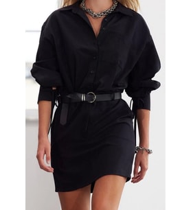 Moda Stil Regular Gömlek Yaka Mini Boy Limited Edition Kemerli Dokuma Elbise (Siyah)