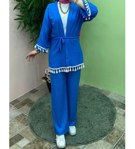 Kadın Püsküllü  Kimono 2 li Takım Mavi