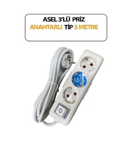 Üçlü, Anahtarlı Model, Topraklı, Klemensli, Kablo 3 Metre Uzunluğunda, Askı Aparatlı Grup Priz