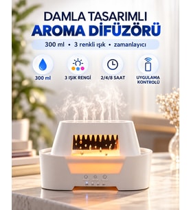 Damla Tasarımlı Aroma Difüzör 300 ml Hava Nemlendirici Amber Işıklı 3 Renk LED Zamanlayıcılı Uygulama Kontrollü Dekoratif Buhar Makinesi Beyaz