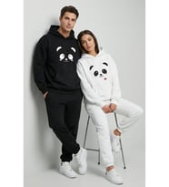 Nevermind Unisex Sevgili Çift Kombini Oversize Panda Baskılı Çift Hoodie (Siyah - Beyaz)