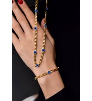 925 Ayar Gümüş Gold Kaplama Cam Göz Zincir Kolye Ve Bileklik Set