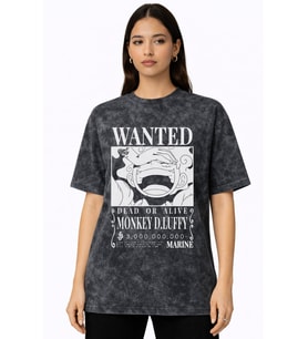 Wanted Monkey D. Luffy One Piece Anime Baskılı Unisex Oversize Vintage Yıkamalı Tişört